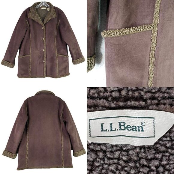 LL Bean Jacket Women’s Faux Suede Sherpa Lined Coat Brown Size Large L Button - Picture 1 of 9